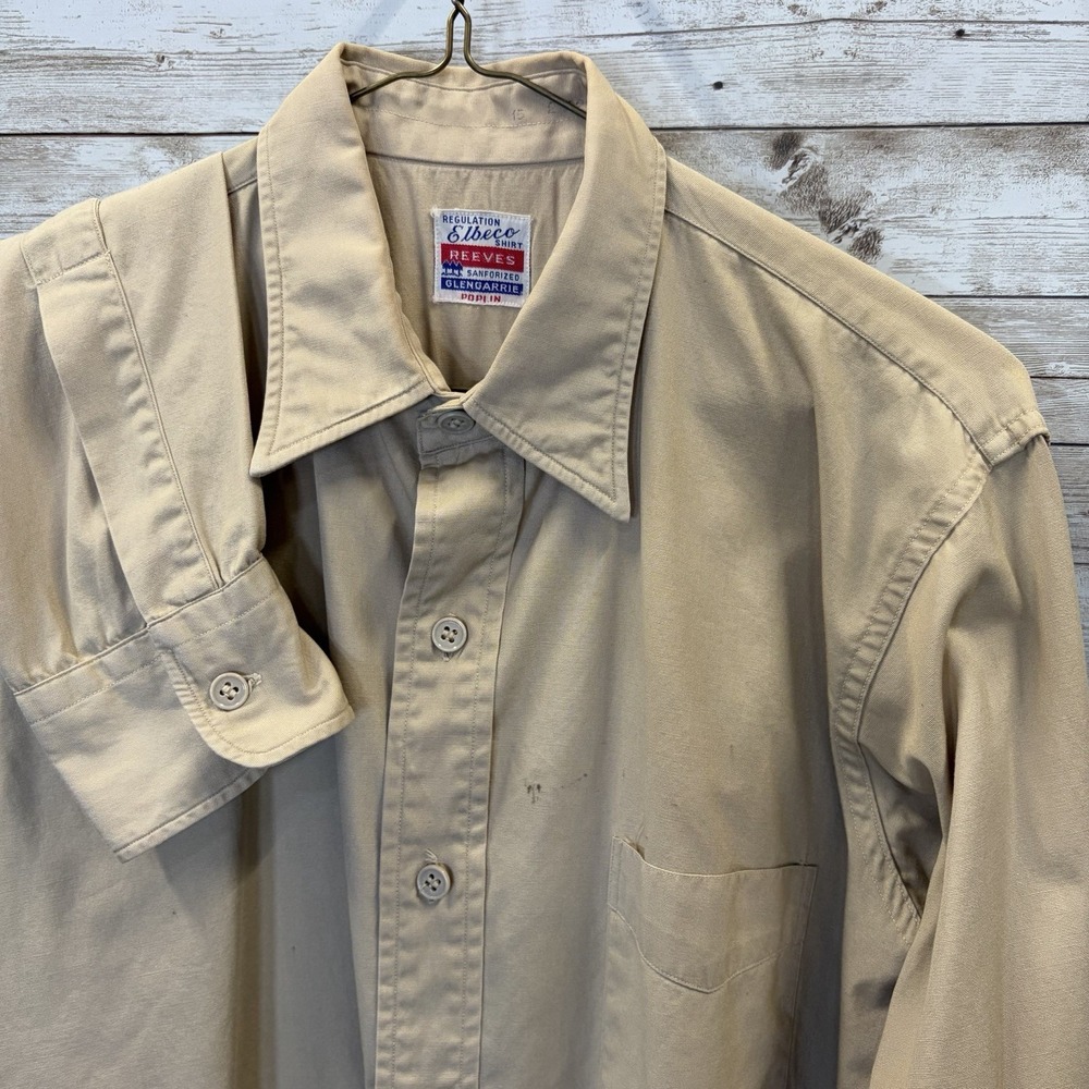 Vtg 50s Elbeco Reeves Mens 15 Shirt Khaki Sanforized Poplin Workwear Military